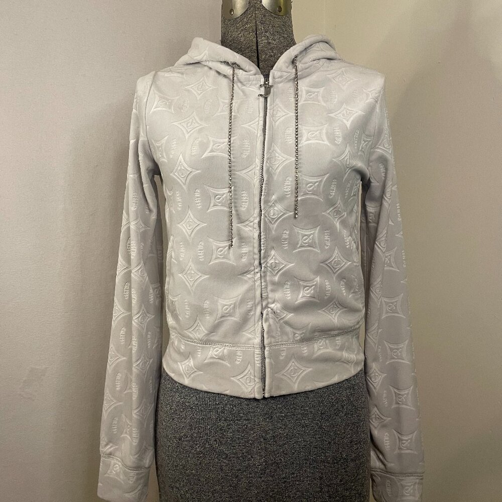 Juicy Couture gray embossed velour zip-front hoodie w/rhinestone details - Picture 2 of 12